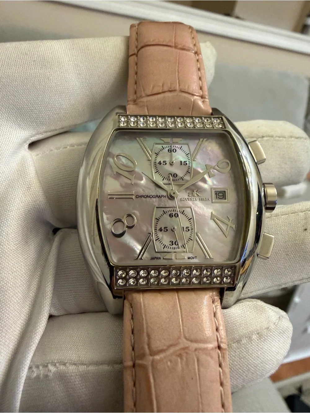 Adee Kaye Beverly Hills Sport Chronograph Pink MOP Swarovski Crystal Watch